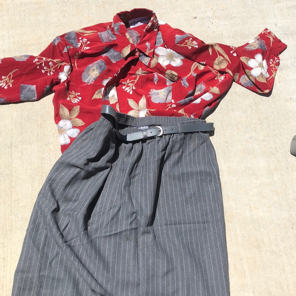 Button down blouse with a skirt and belt